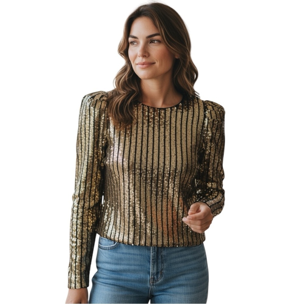 Jealous Tomato Gold and Black Sequin Blouse NWT L